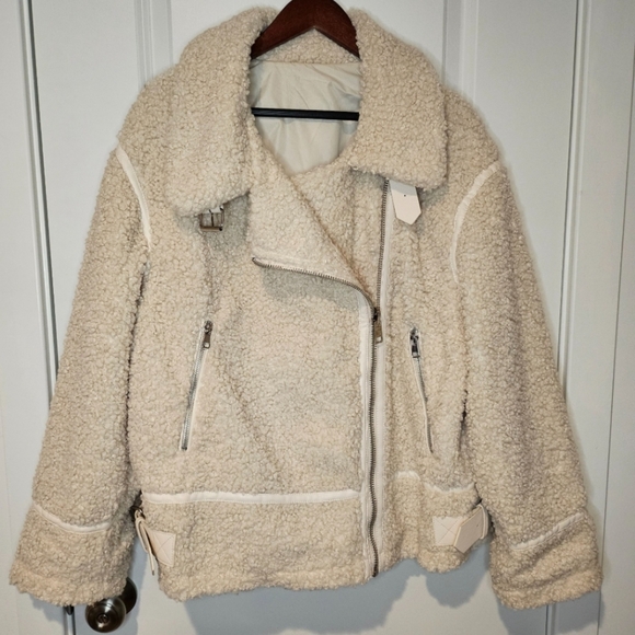 A.N.A Cream Faux Fur Shearling Moto Jacket Teddy Sherpa Coat Belt Zipper XL - Picture 3 of 9